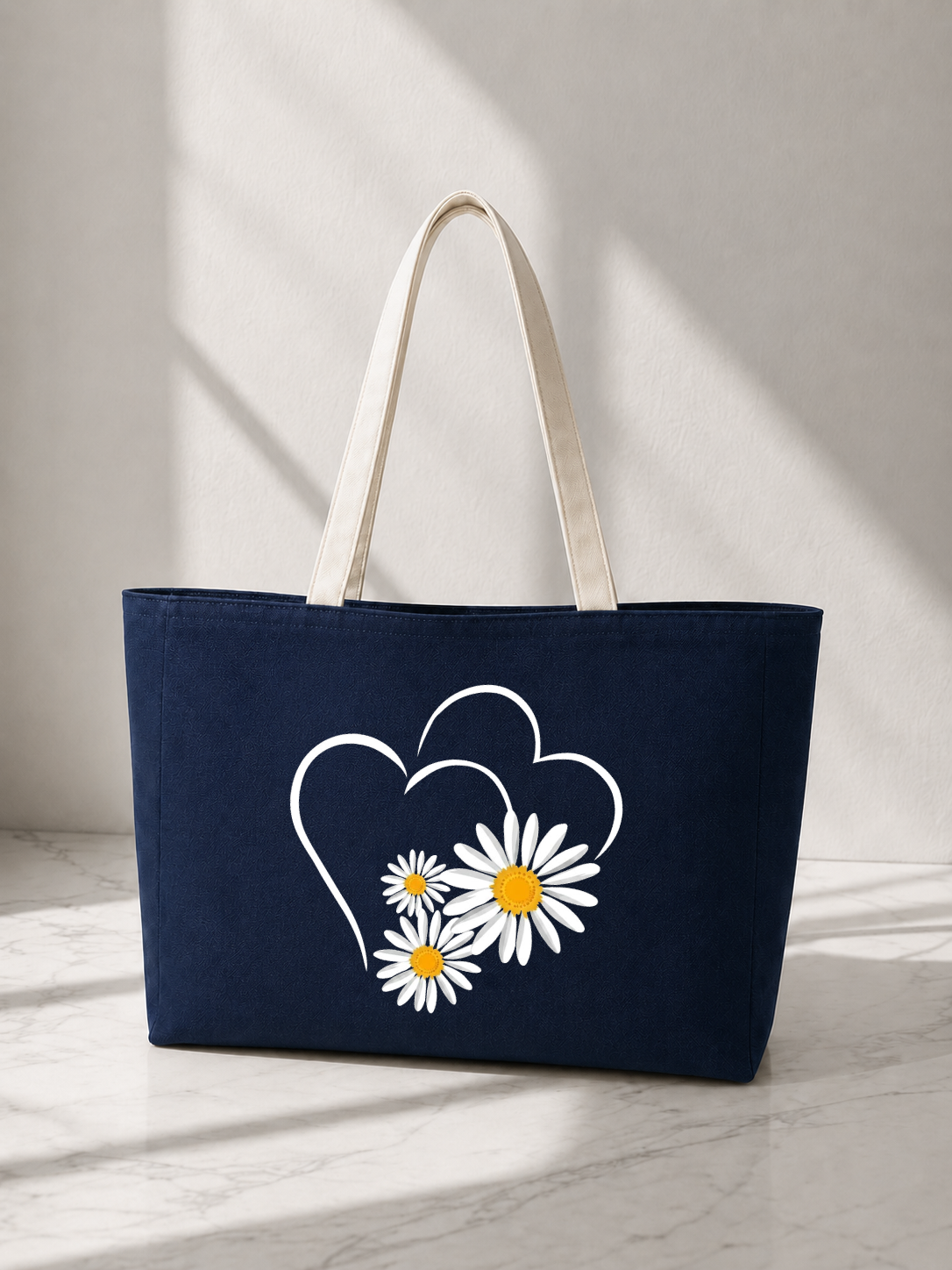 Deep Blue Zipped Heart Dasiy Tote Bag