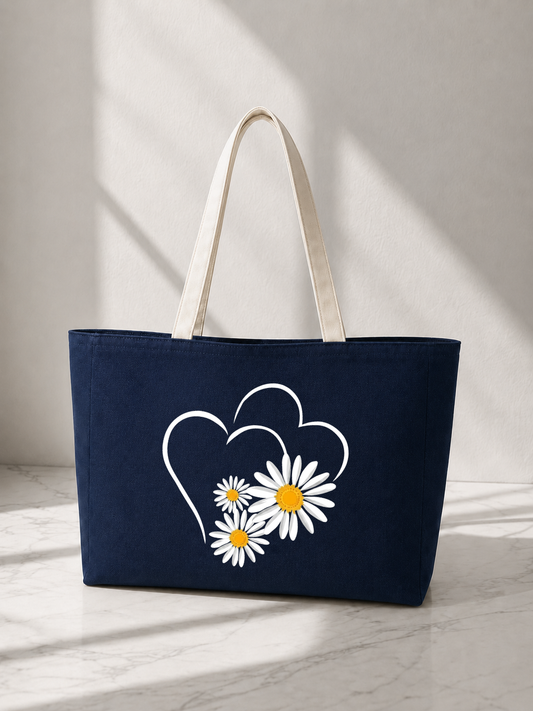 Deep Blue Zipped Heart Dasiy Tote Bag