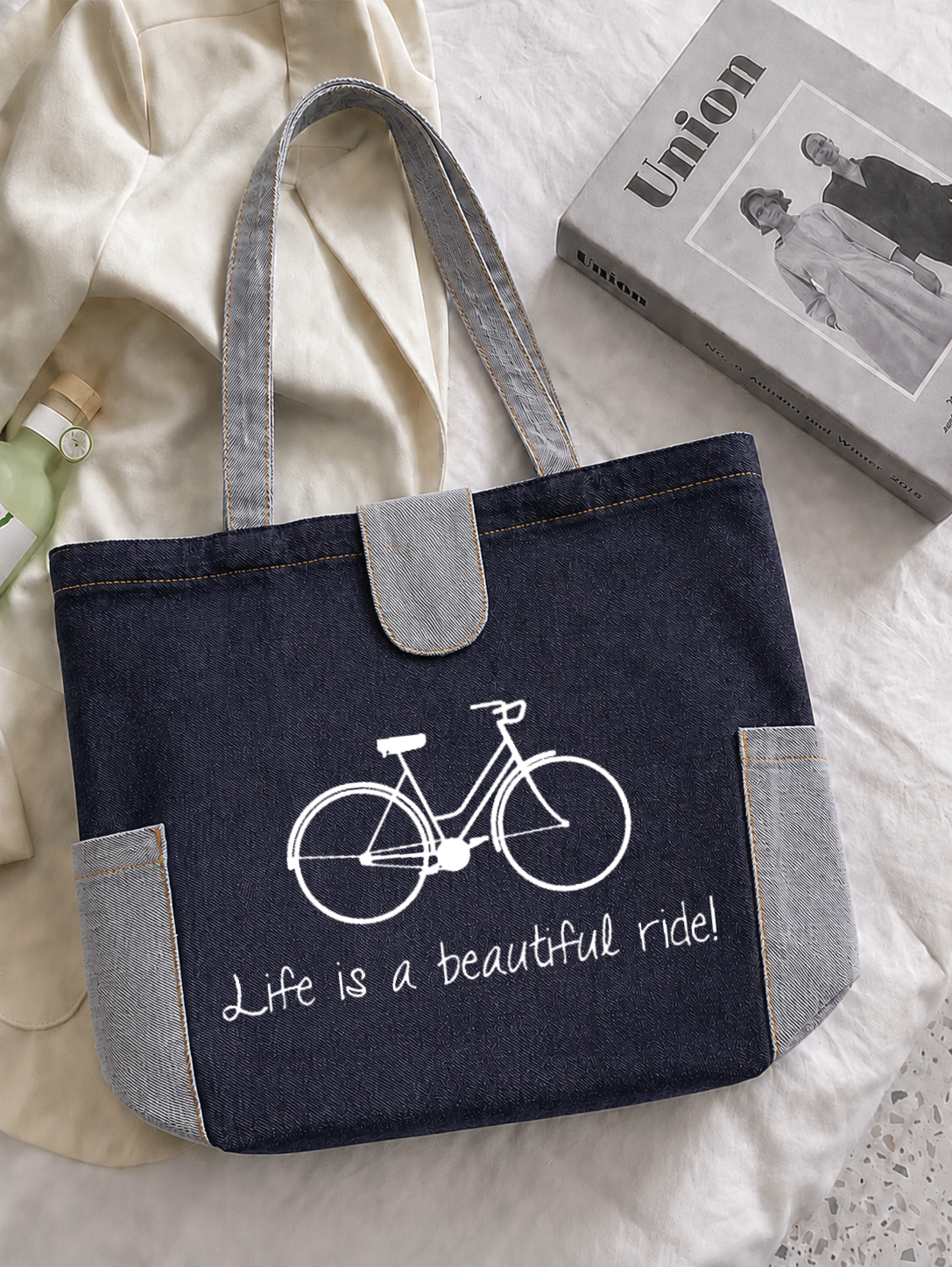 Contrast Denim Blue Button Flap Tote Bag