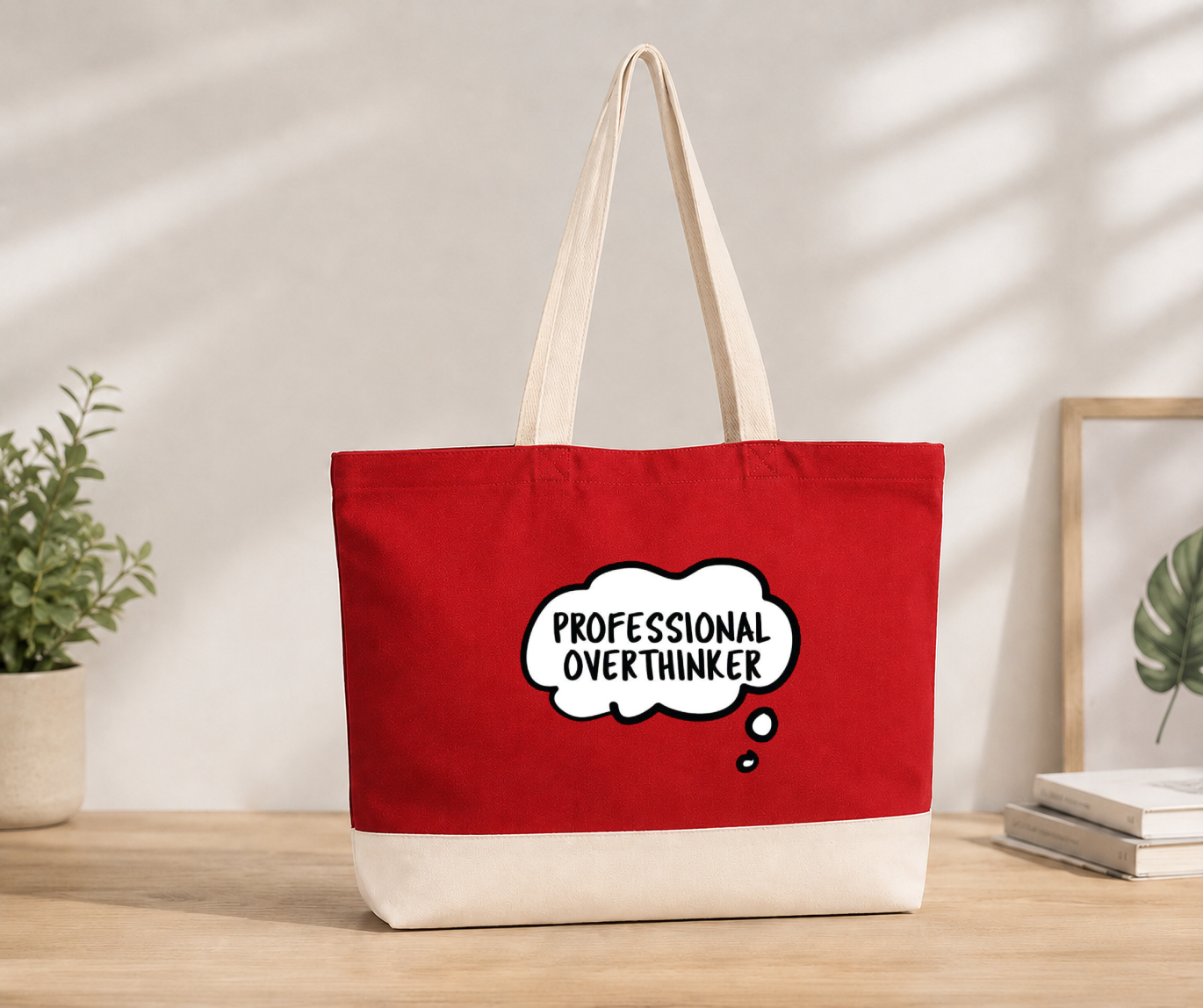 Overthinker Double Color Canvas Tote Bag - Red