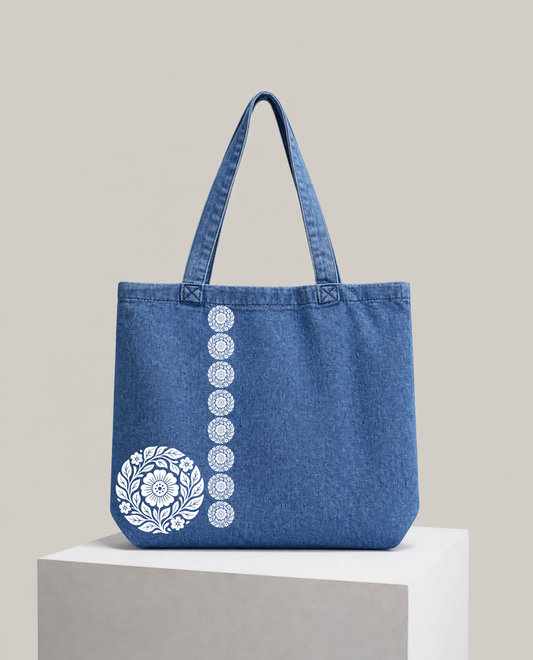 Floral Circle Blue Denim Tote Bag