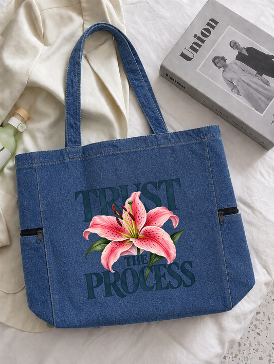 Trust The Process Zipped Tote Bag - Washed Denim Blue