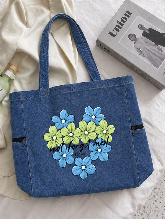 Flowers Heart Zipped Tote Bag - Washed Denim Blue