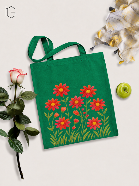 Flowers Canvas Open Tote Bag - Green