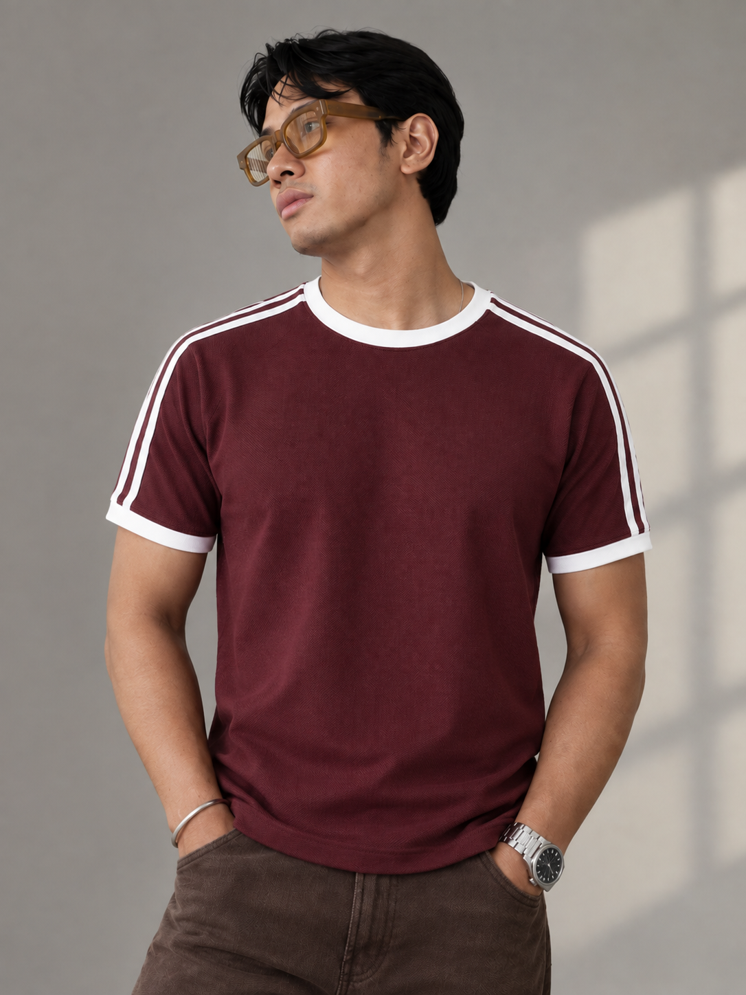Contrast Stripes Pique Tshirt - Maroon