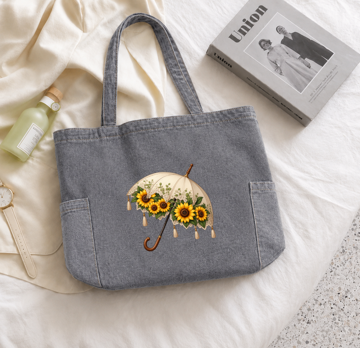 Flower Umbrella Zipped Tote Bag -  Grey Denim
