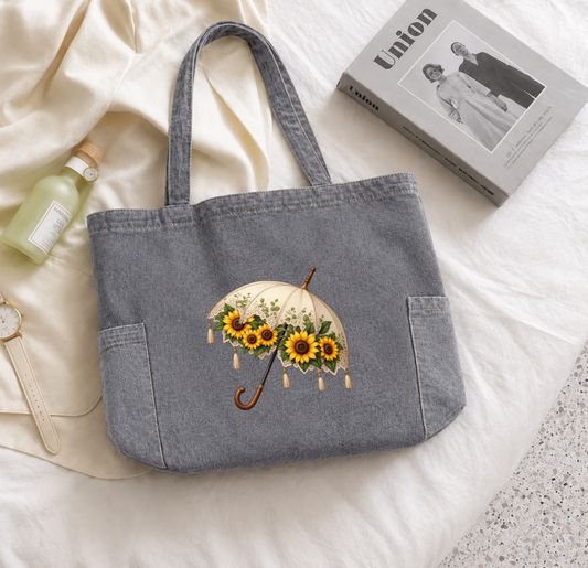 Flower Umbrella Zipped Tote Bag -  Grey Denim