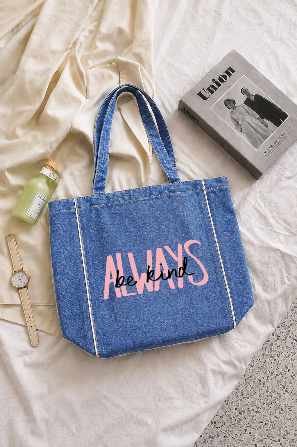 Always Be Kind White Stripes Zipped Tote Bag - Washed Denim Blue