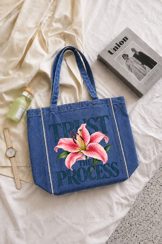 Trust The Process White Stripes Zipped Tote Bag - Washed Denim Blue