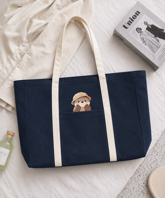 Midnight Blue Striped Zipped Cute Bear Tote Bag