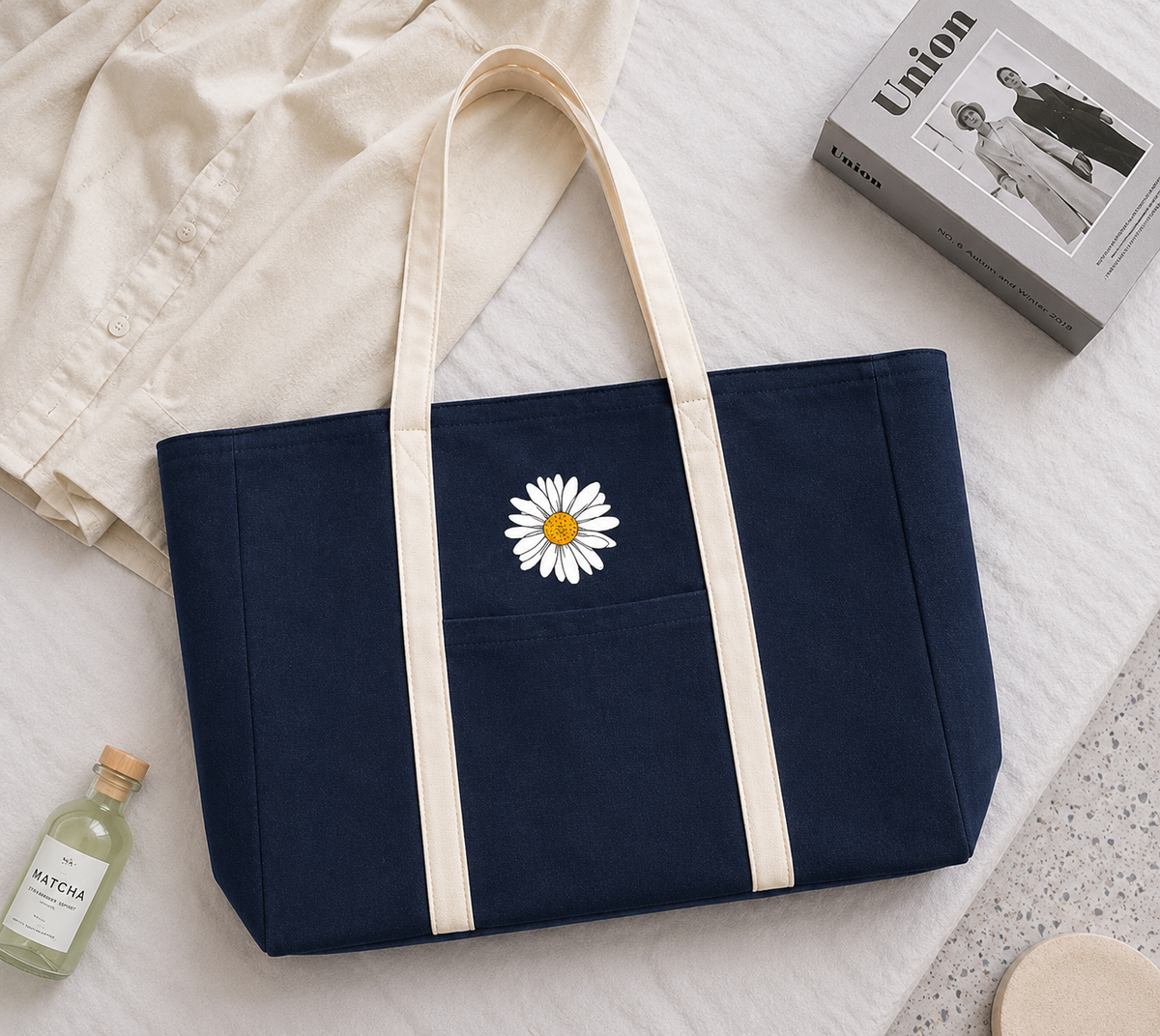 Midnight Blue Striped Zipped Daisy Tote Bag