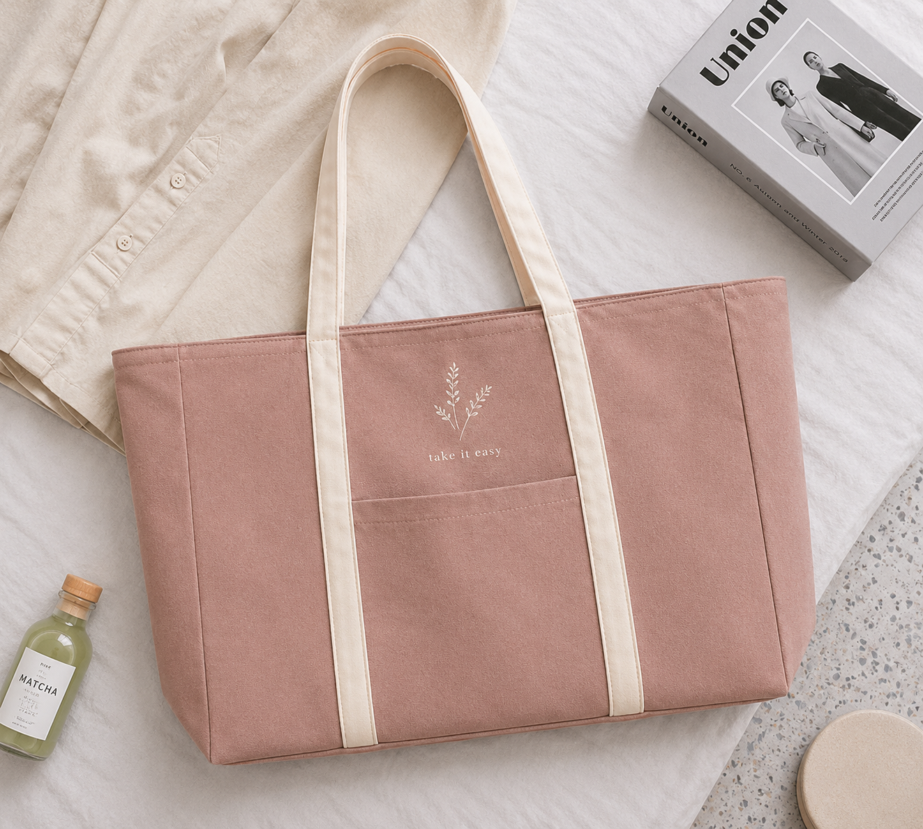 Cappuccino Pink Striped Take It Easy Zipped Tote Bag