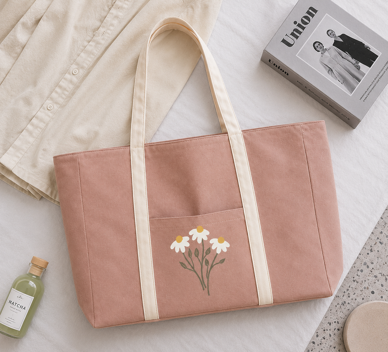 Cappuccino Pink Striped Zipped Flower Tote Bag