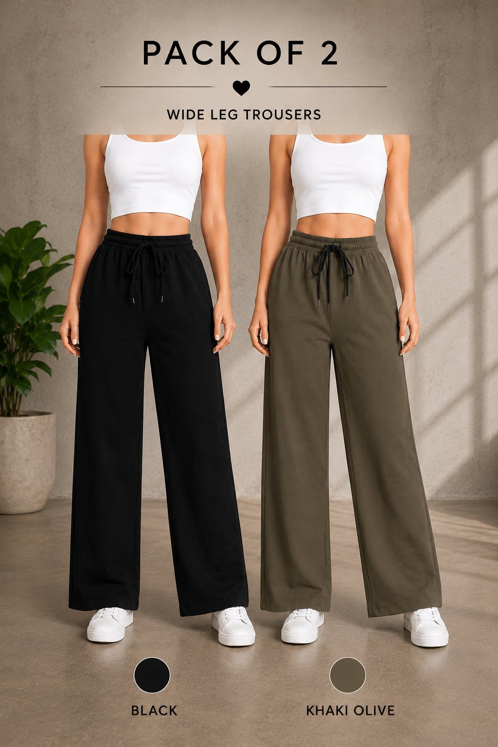 Pack Of 2 Wide Leg Trouser For Summers - Khaki Olive & Black
