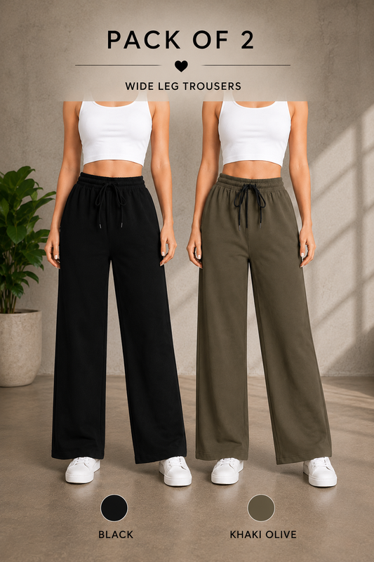 Pack Of 2 Wide Leg Trouser For Summers - Khaki Olive & Black