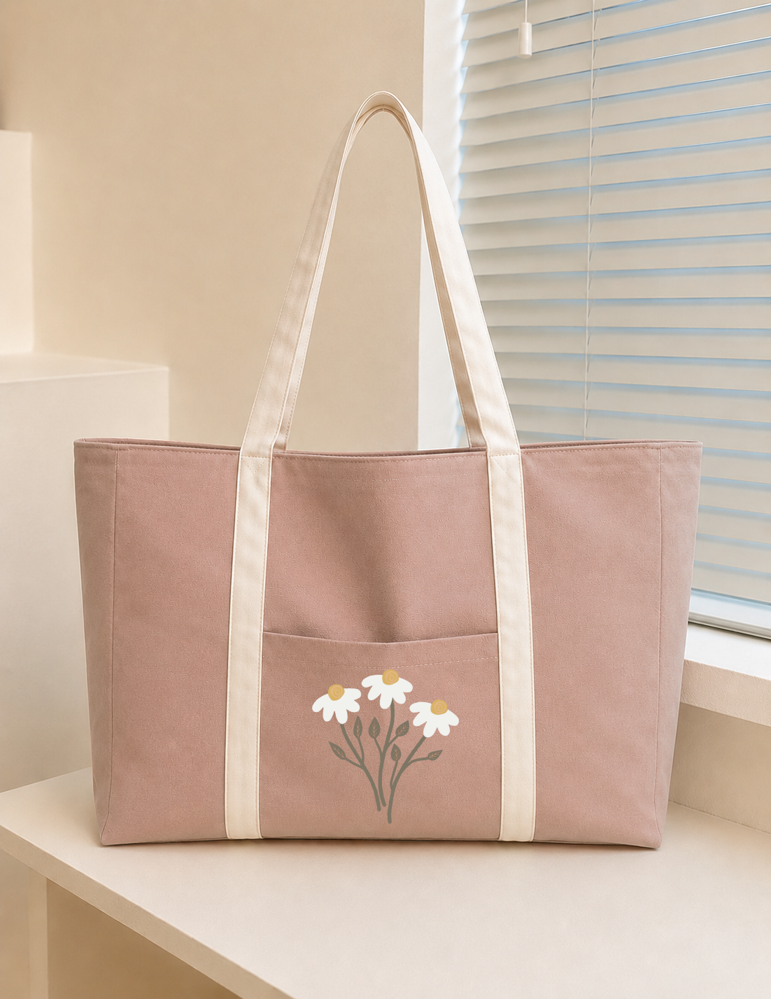 Cappuccino Pink Striped Zipped Flower Tote Bag
