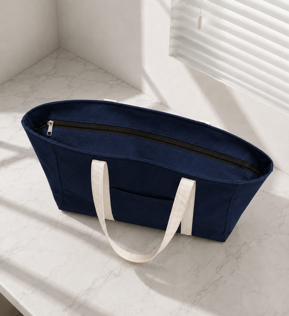 Deep Blue Striped Zipped Cute Bear Tote Bag