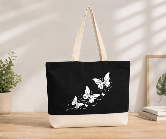 Butteflies Double Color Canvas Tote Bag - Black