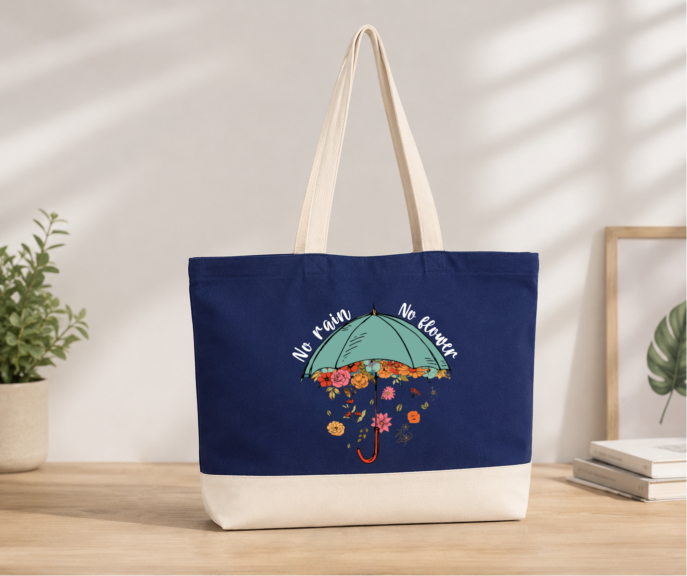 No Rain No Flowers Double Color Canvas Tote Bag - Blue