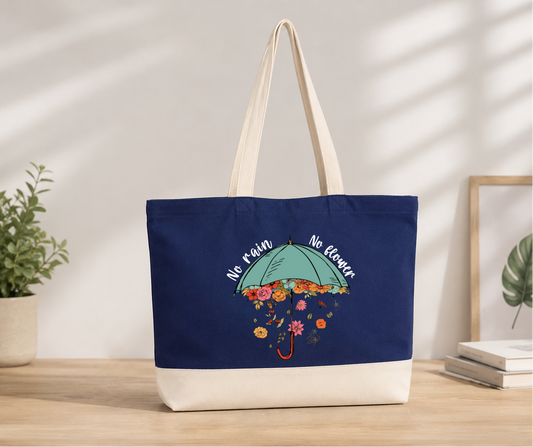 No Rain No Flowers Double Color Canvas Tote Bag - Blue