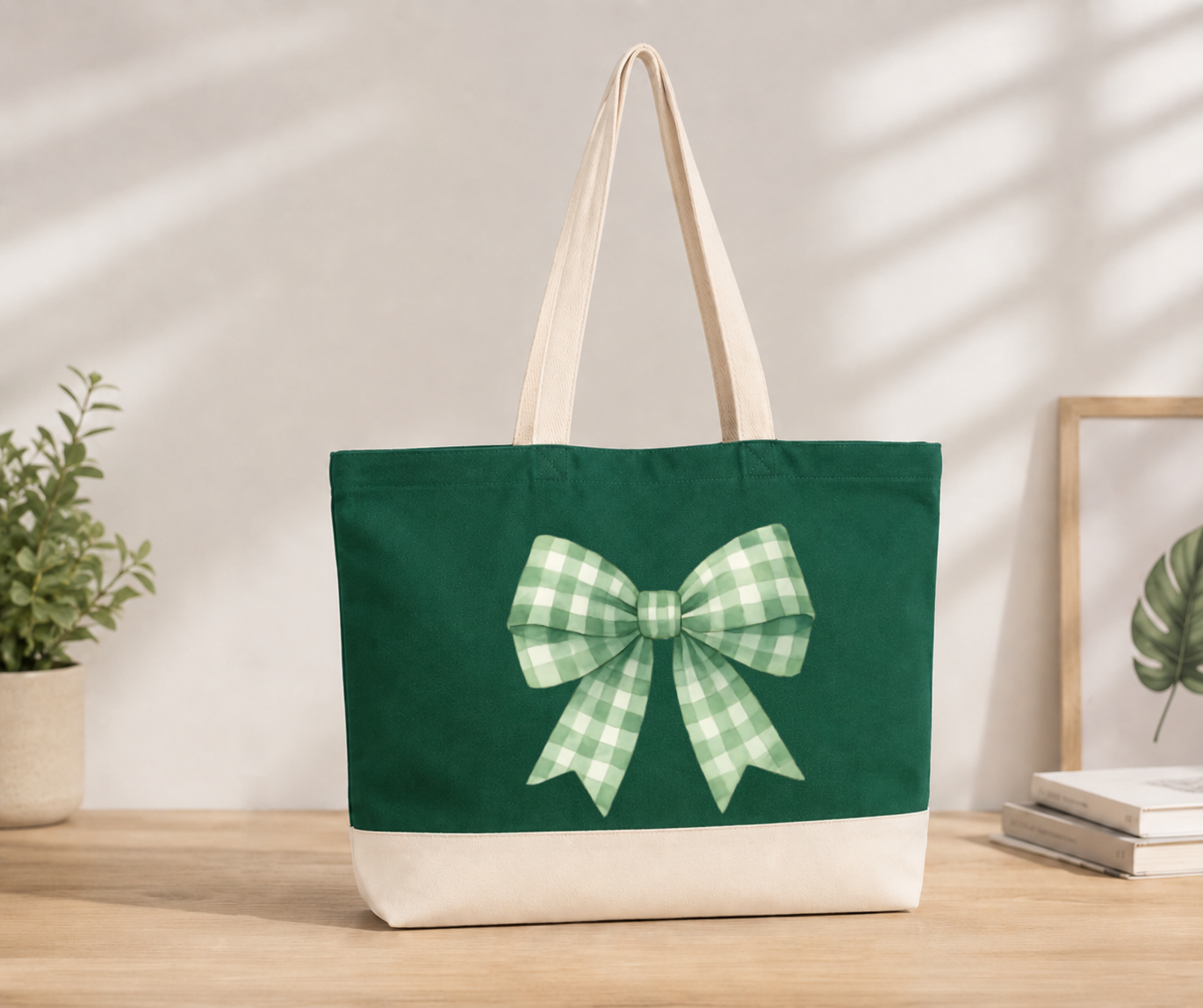 Bow Double Color Canvas Tote Bag - Green