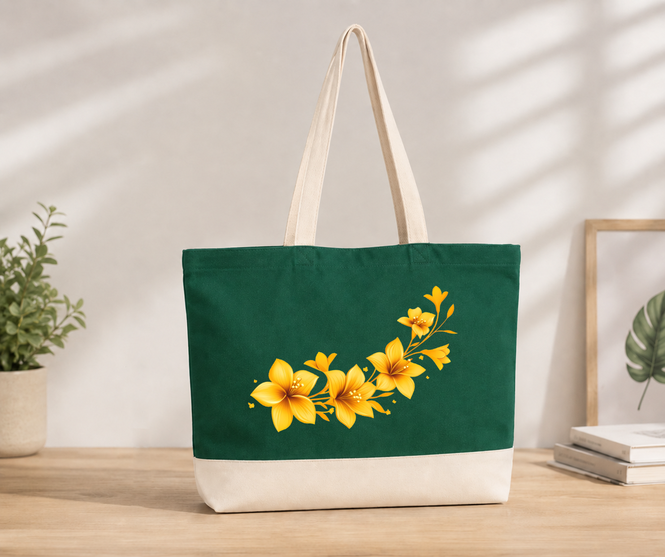 Flower Double Color Canvas Tote Bag - Green