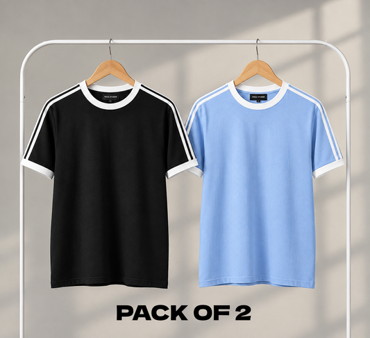 Pack Of 2 Pique Contrast Stripes Tshirt - (SkyBlue & Black)