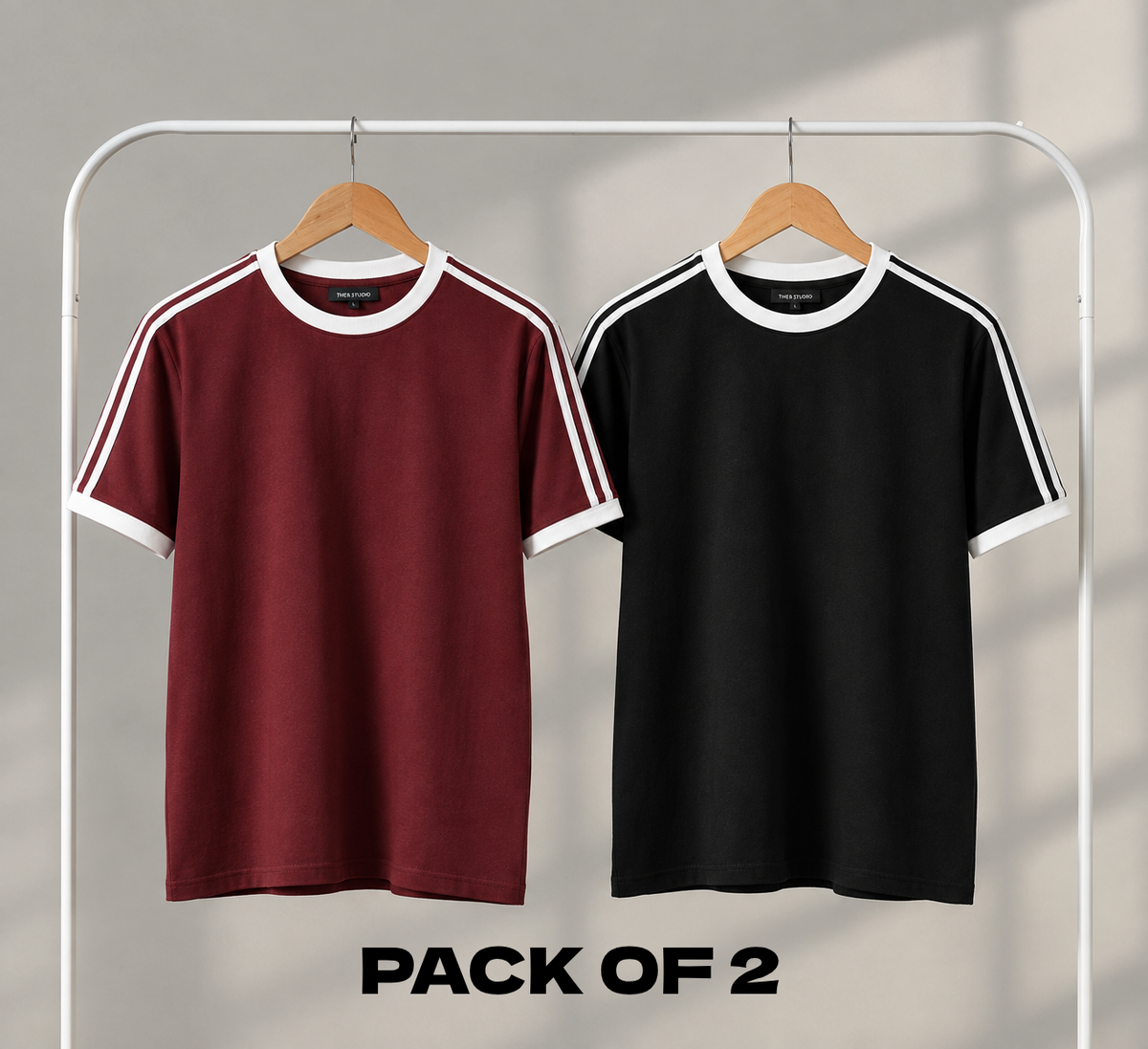 Pack Of 2 Pique Contrast Stripes Tshirt - (Maroon & Black)