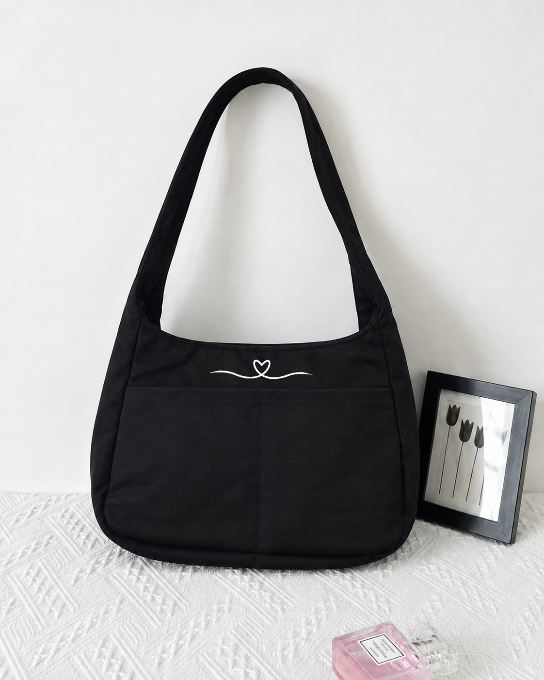 Long Strap Hobo Style Heart Tote Bag - Black Twill