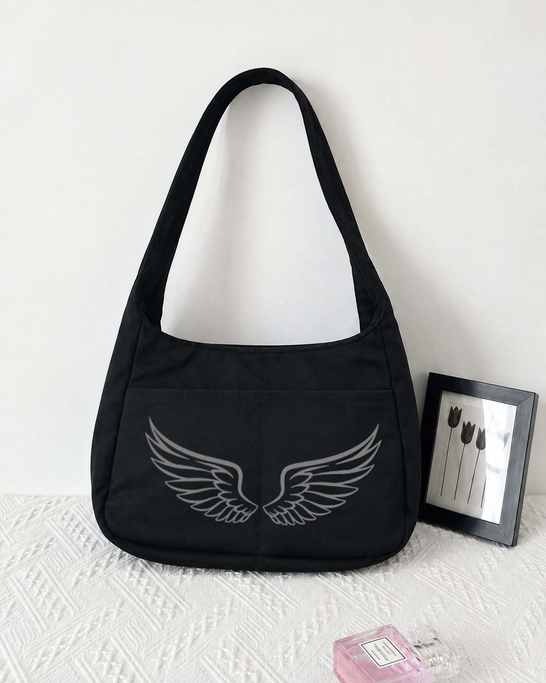 Long Strap Hobo Style Wings Tote Bag - Black Twill