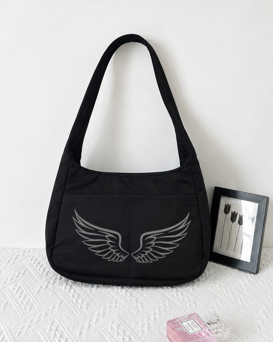 Long Strap Hobo Style Wings Tote Bag - Black Twill