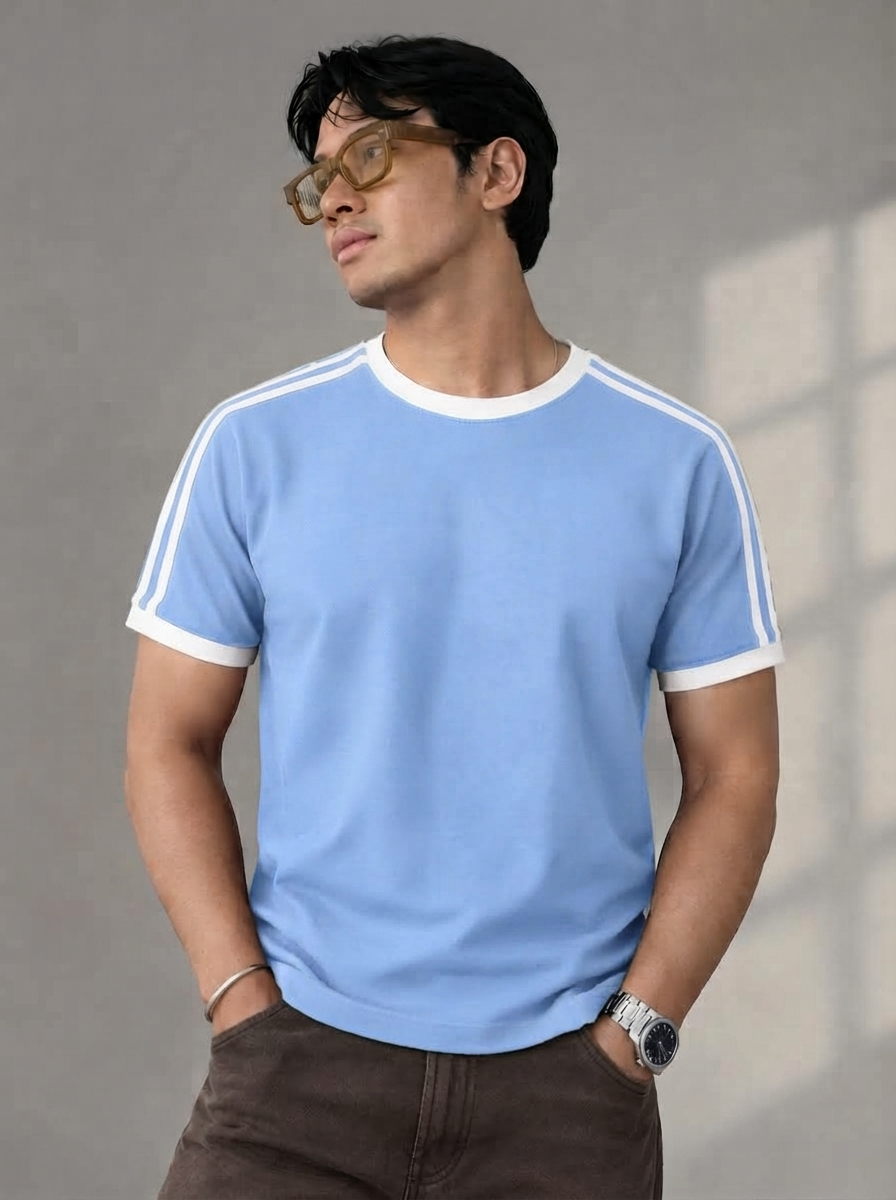Pique Contrast Stripes Tshirt - SkyBlue
