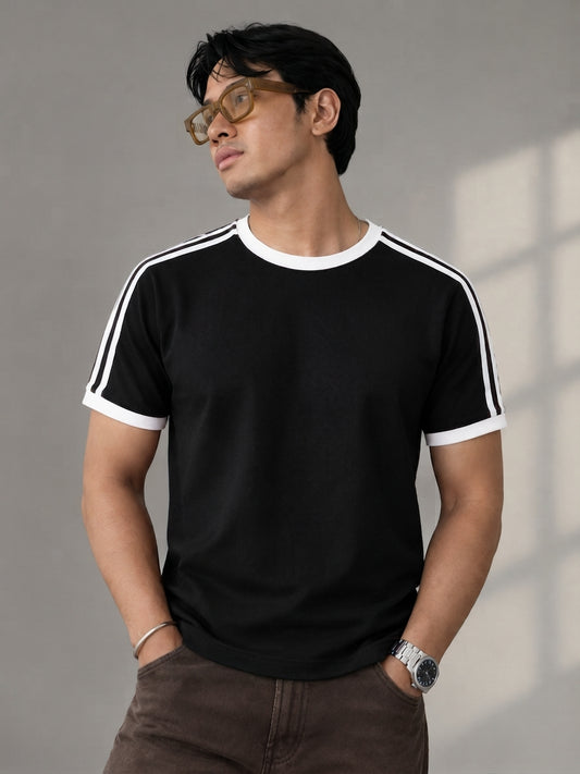 Pique Contrast Stripes Tshirt - Black
