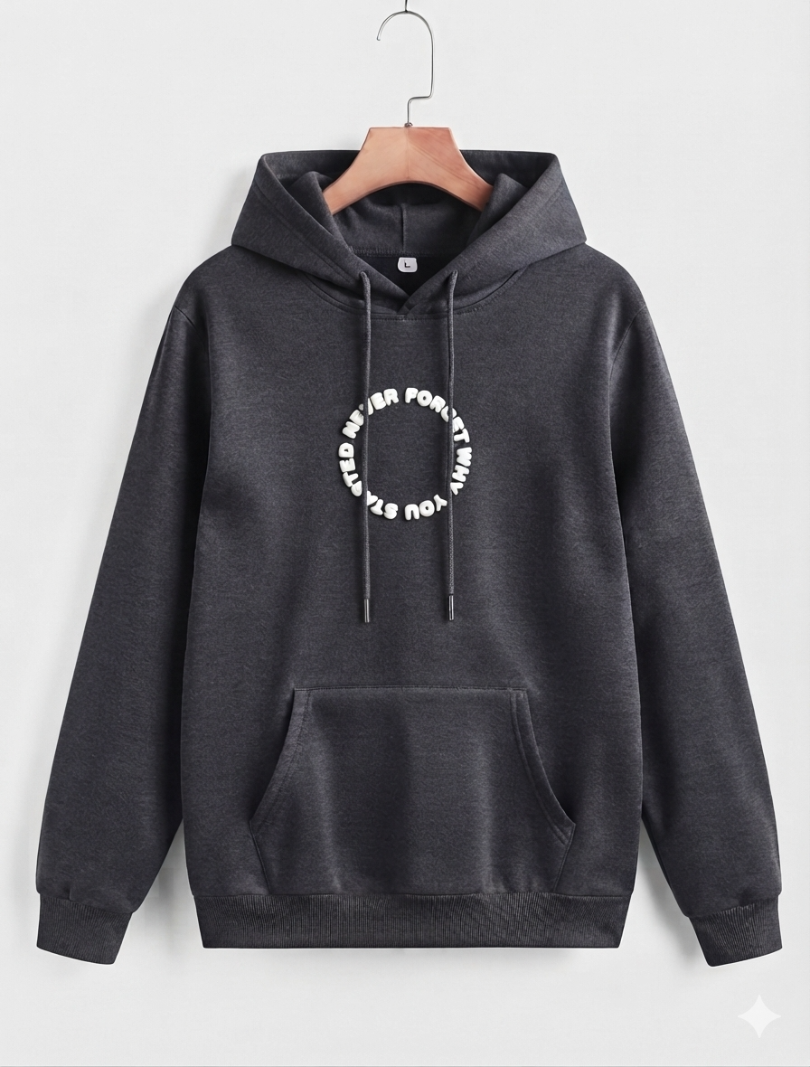 Never Forget White Puffed Hoodie - Charcoal