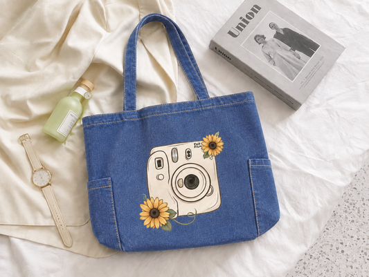Camera Floral Zipped Tote Bag - Washed Denim Blue