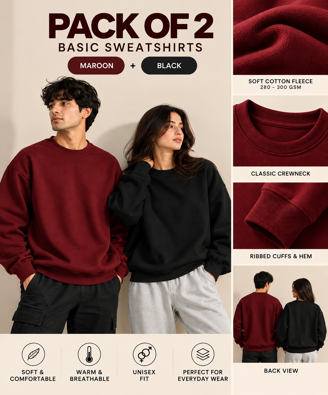 Pack Of Two Basic Sweatshirts Black - Maroon