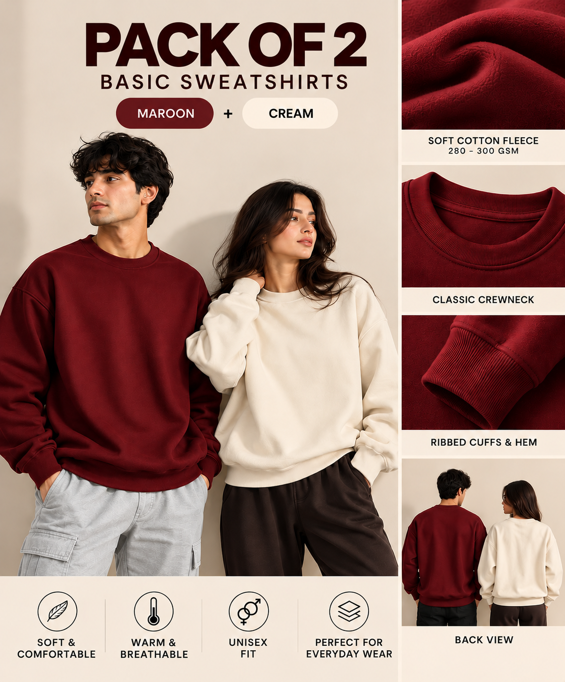 Pack Of Two Basic Sweatshirts Maroon - Cream