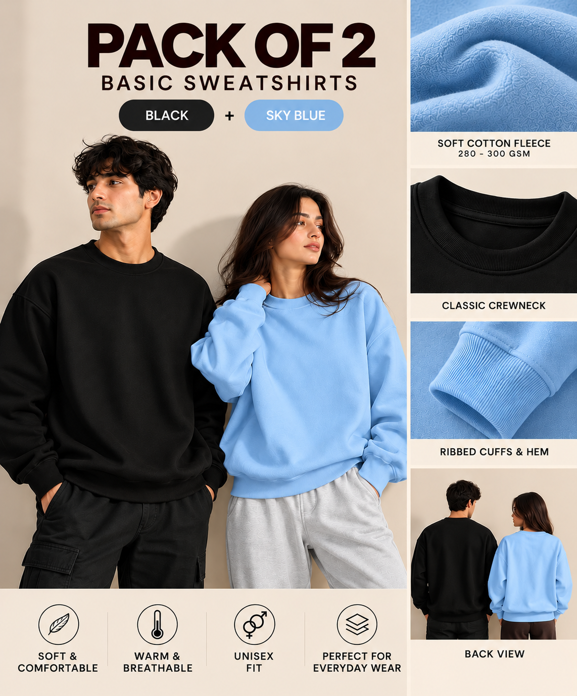 Pack Of Two Basic Sweatshirts Black - SkyBlue
