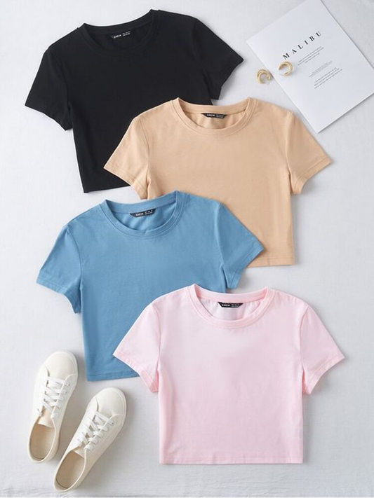 Pack of 4 Crop Basic Tshirts- Sky- Pink-Black-Skin