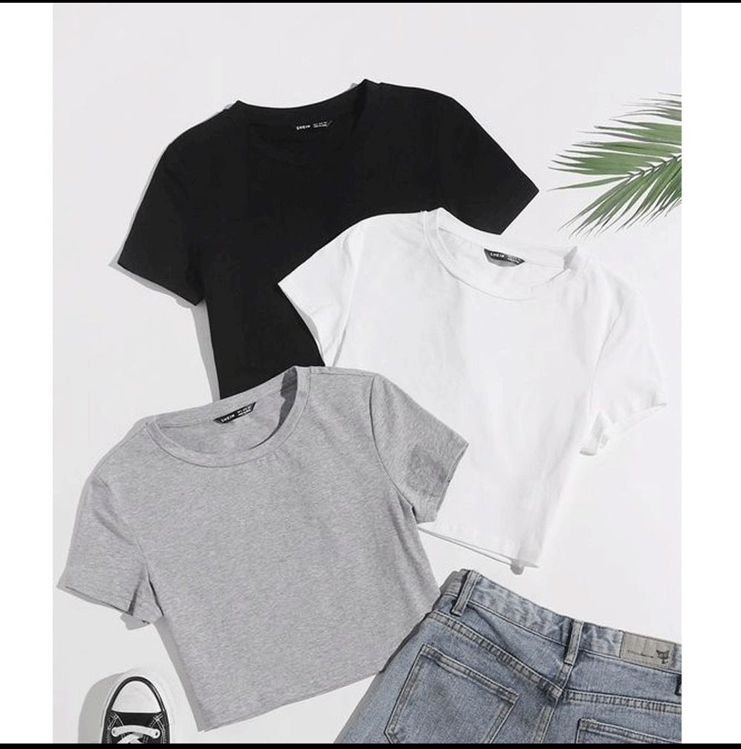 Pack of 3 Crop Basic Tshirts-Black-White-Grey