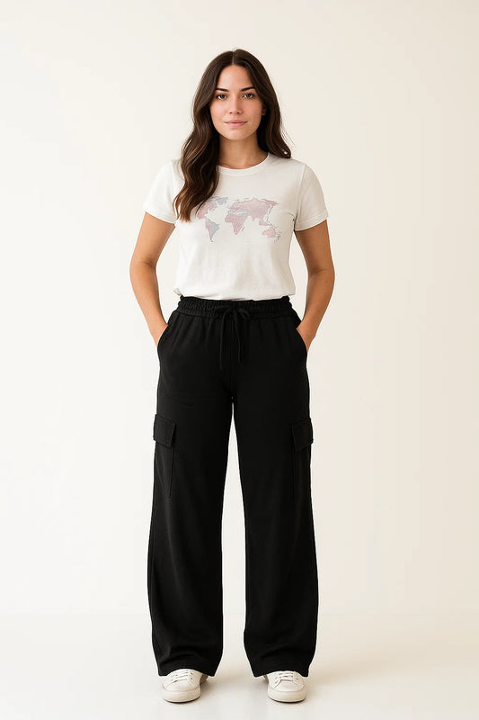 Wide Leg Cargo Trouser for Winters - Black