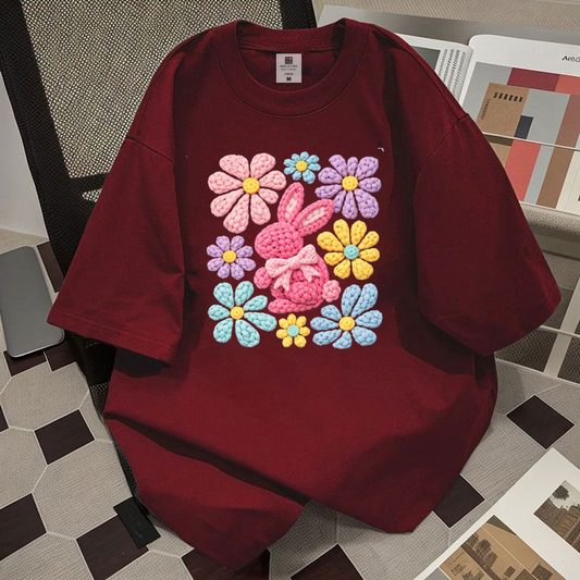 Bunny Flower Oversized Tshirt - Maroon