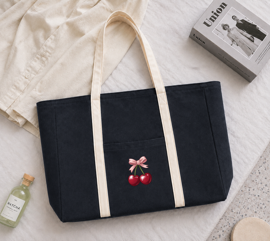 Dull Black Striped Zipped Cherry Tote Bag