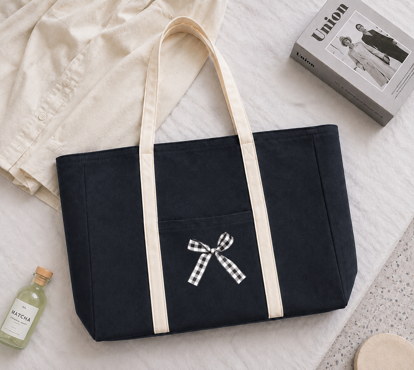 Dull Black Striped Zipped Bow Tote Bag