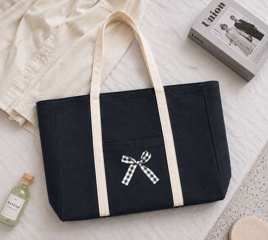 Dull Black Striped Zipped Bow Tote Bag