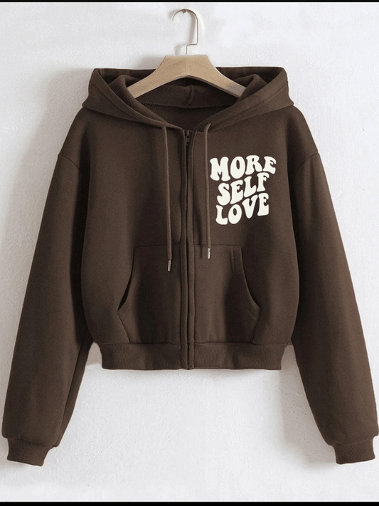 Brown More Self Love Crop Zipper