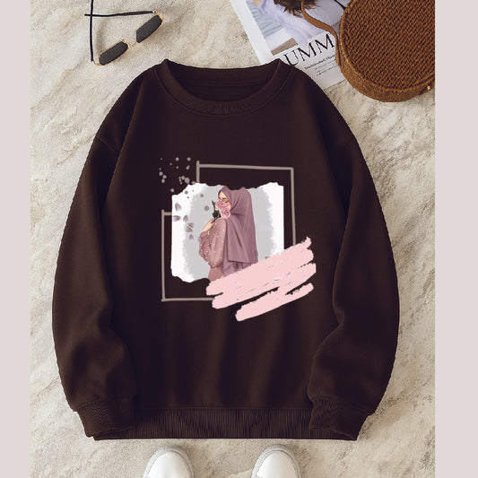 Girl Scarf Art Sweatshirt - Brown