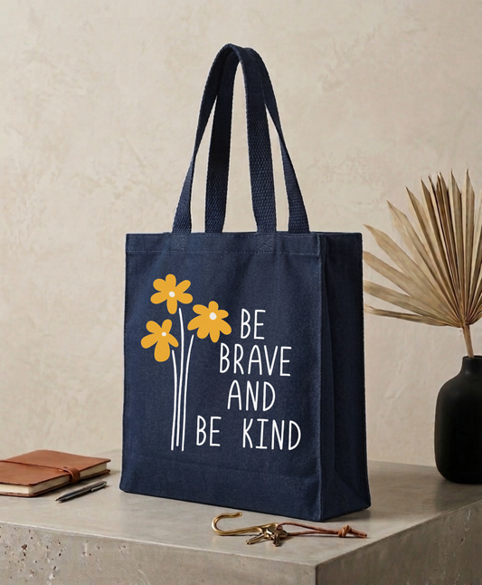 Navy Blue Canvas Brave And Kind Tote Bag (NEW ARRIVAL)