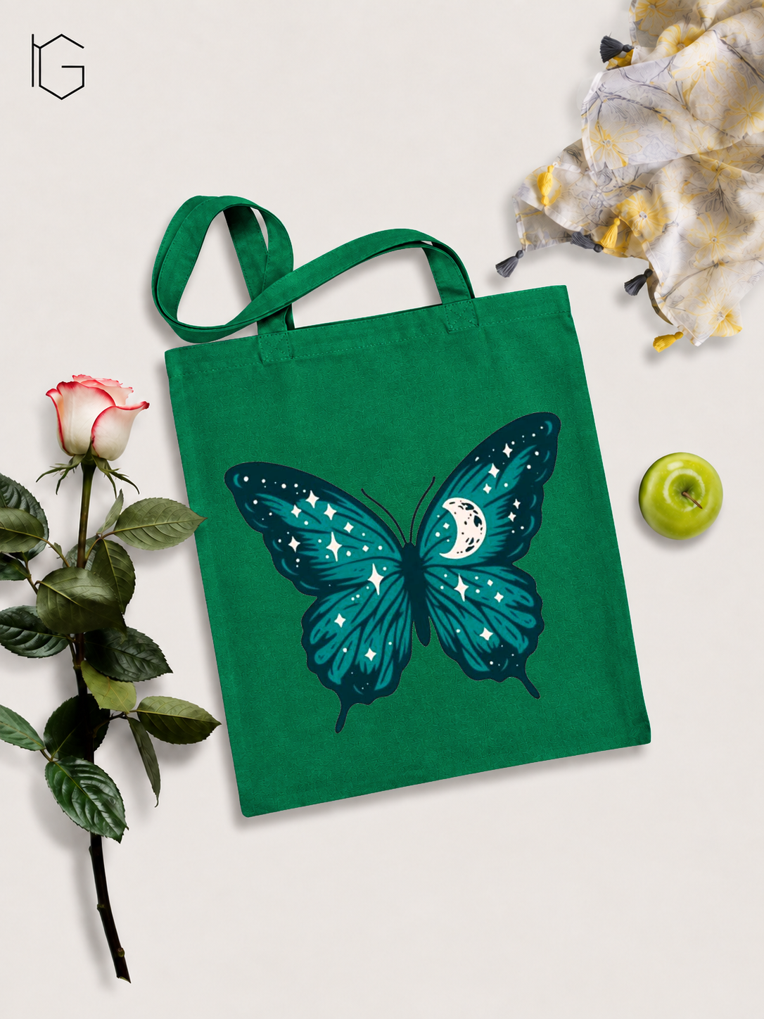 Butterfly Canvas Open Tote Bag - Green
