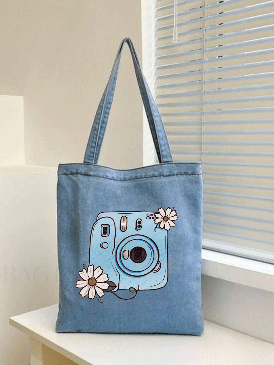 Blue Camera Floral Tote Bag - Denim Blue